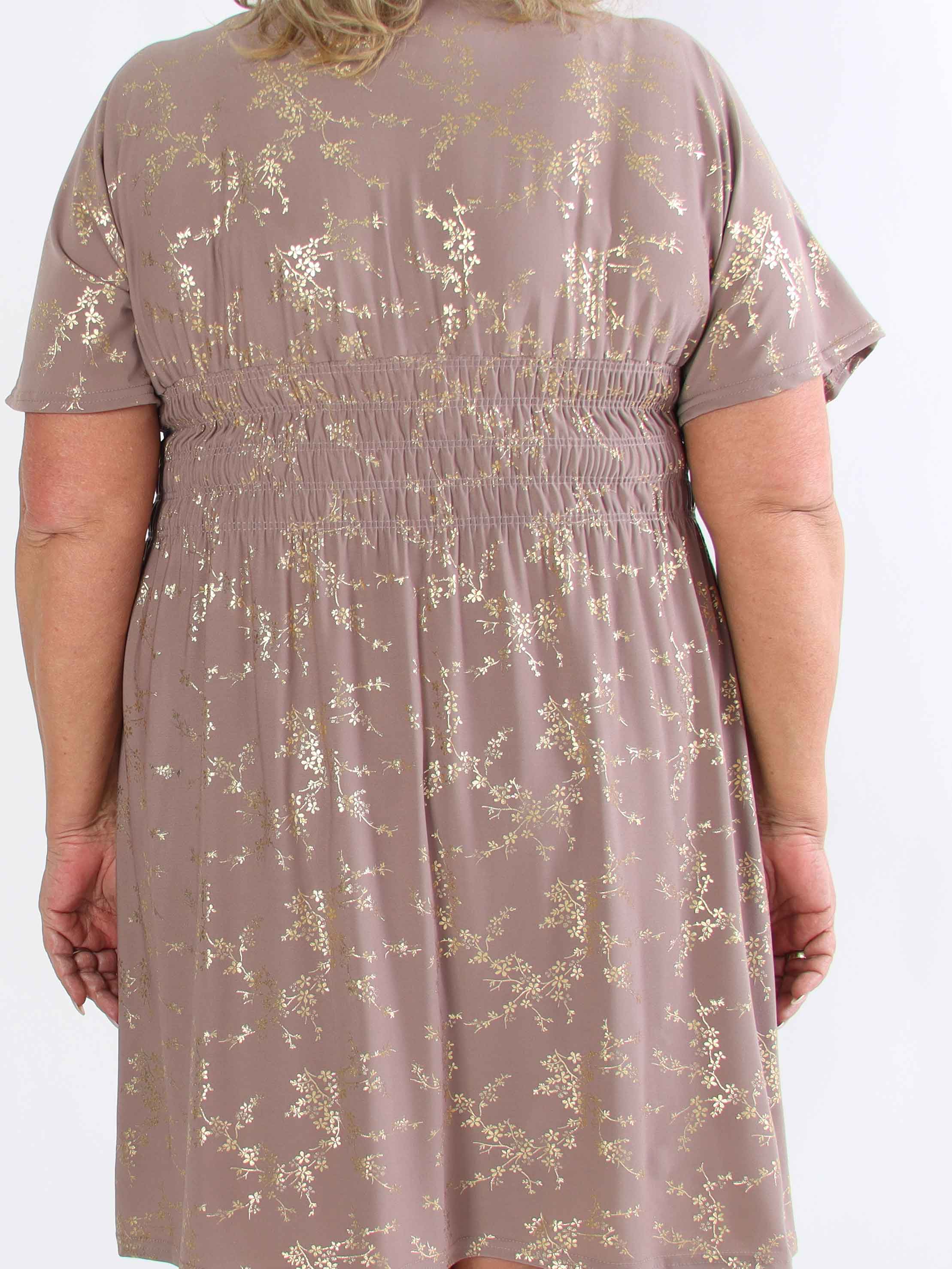 Pams Gold Short - Elastisk plus size kjole detaljeret med guld blomster